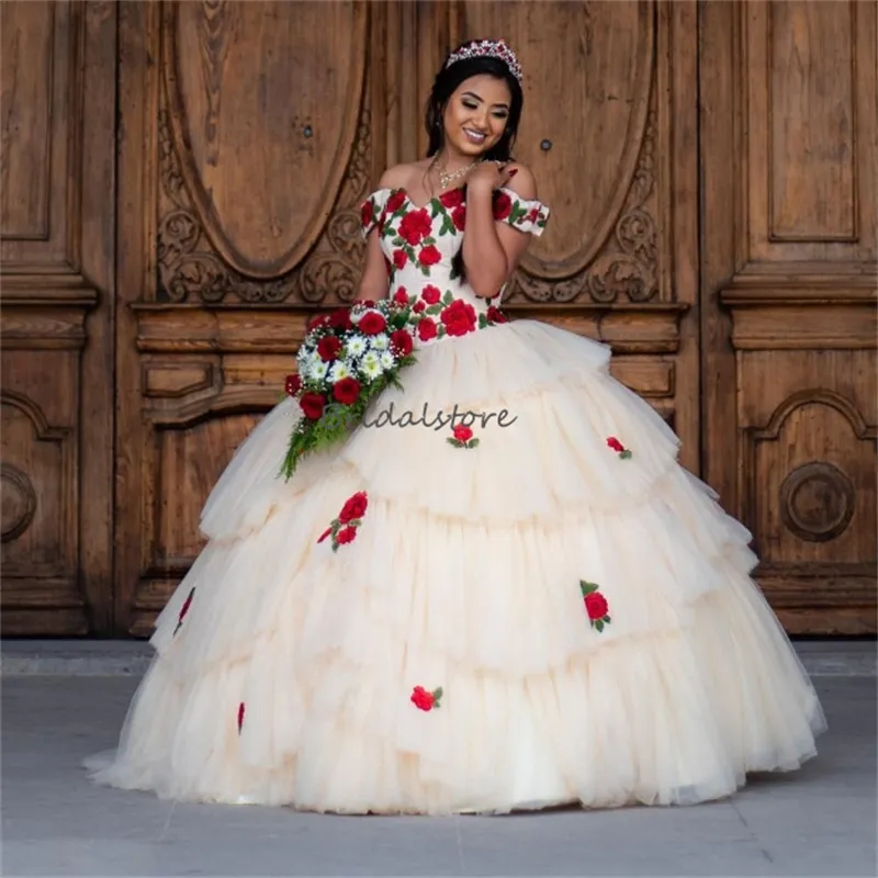 Champagne Ranchera Mexican Quinceanera Dresses with Florals and Off-Shoulder Tulle Ruffles - Perfect for Pageants, Birthdays, and Parties