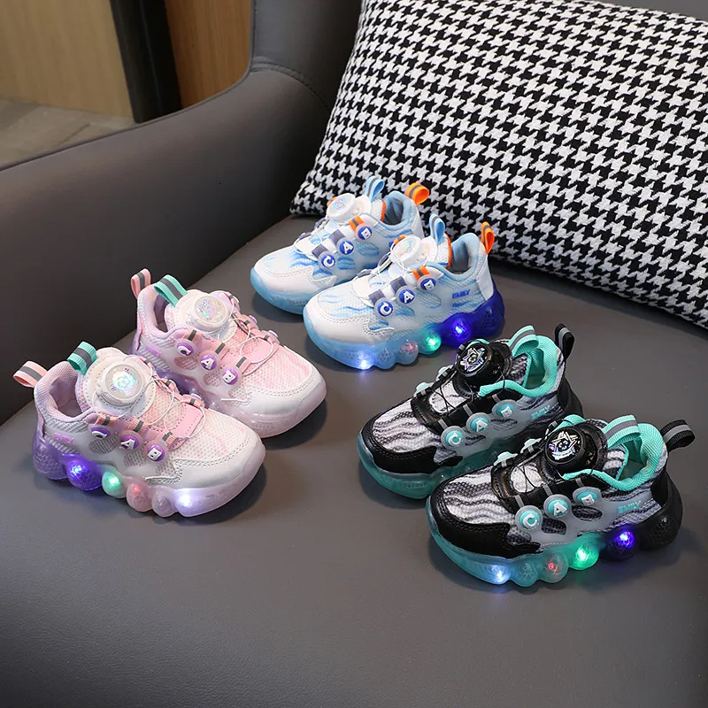 Rotating Buckle Kids Light-Up Running Shoes Breathable Mesh