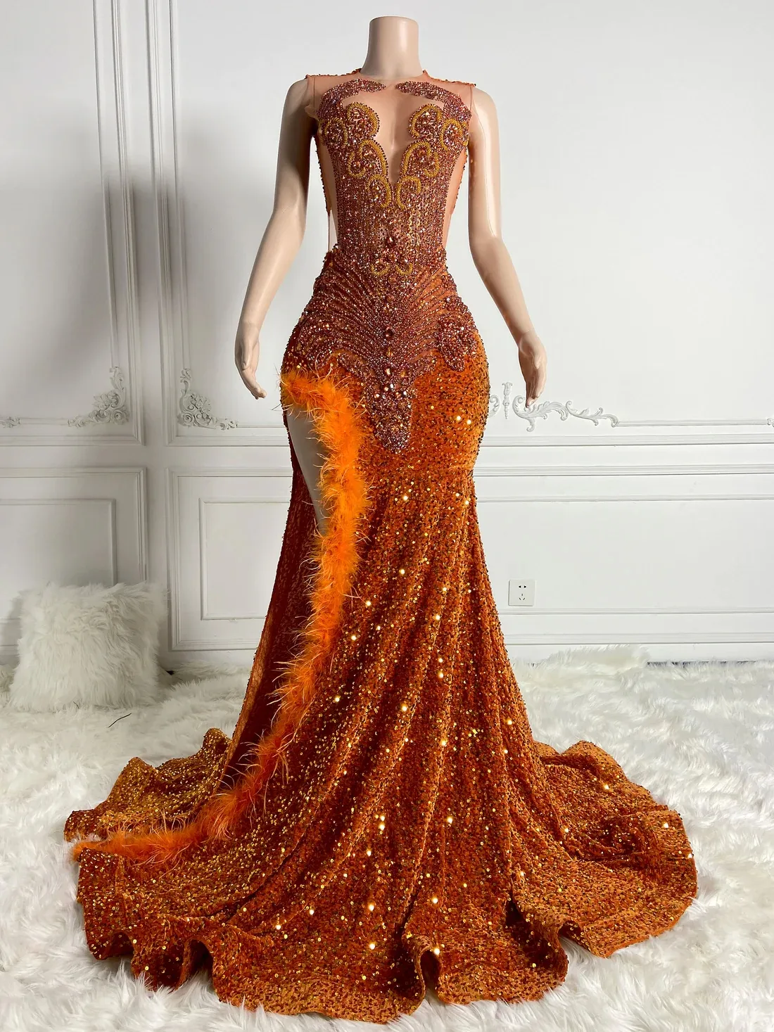 Robes De Bal Brillantes Noires, Robe De Sirène Transparente Orange