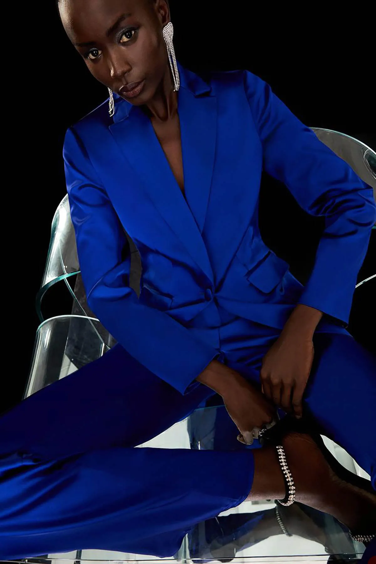 women royal blue dress pants Royal Blue Three-Piece Pantsuit with Satin Lapel Blazer, Vest, and Straight Pants