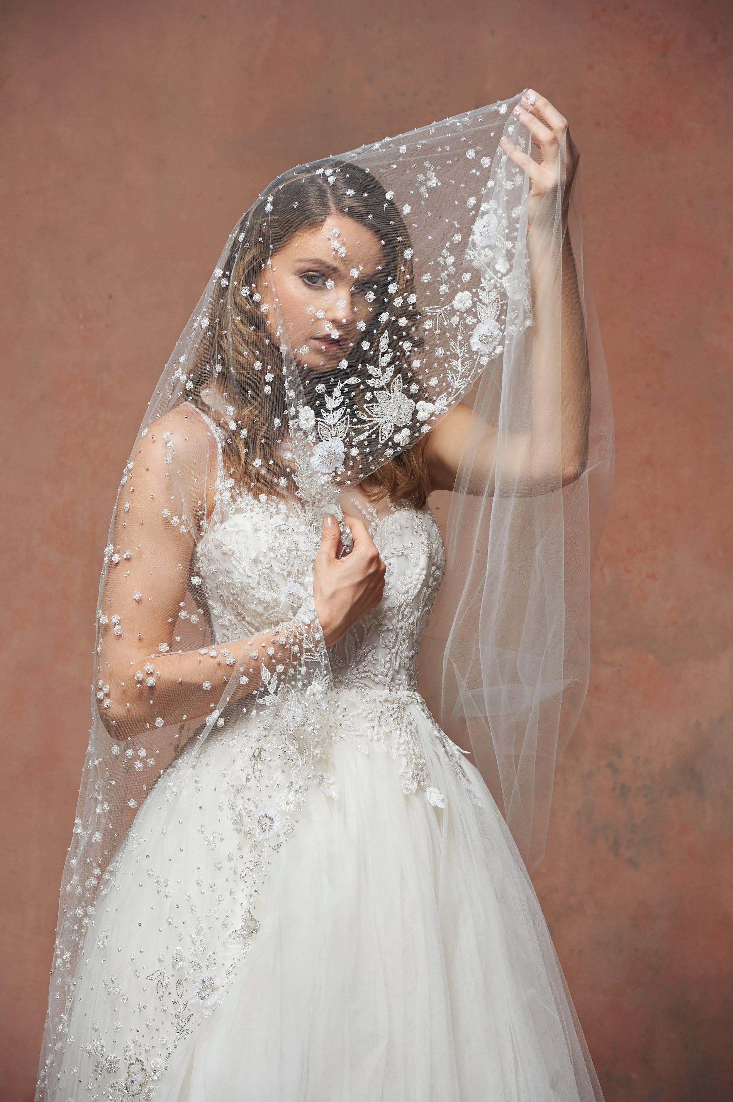 Elegant Off White Long Veil With Floral Applique And Beadwork Colorful Wedding Veil | PAOLA Floral Lace by Tara Bridal  main image 2