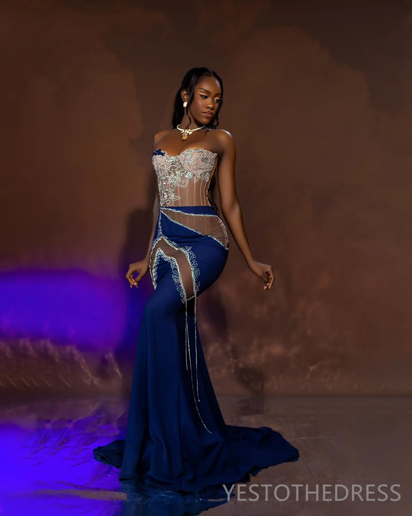 Royal Blue Plus Size Mermaid Blue Mermaid prom dress with Illusion Applique, Beaded Lace, Tassel, and Engagement Gown for Special Occasions - AM1326