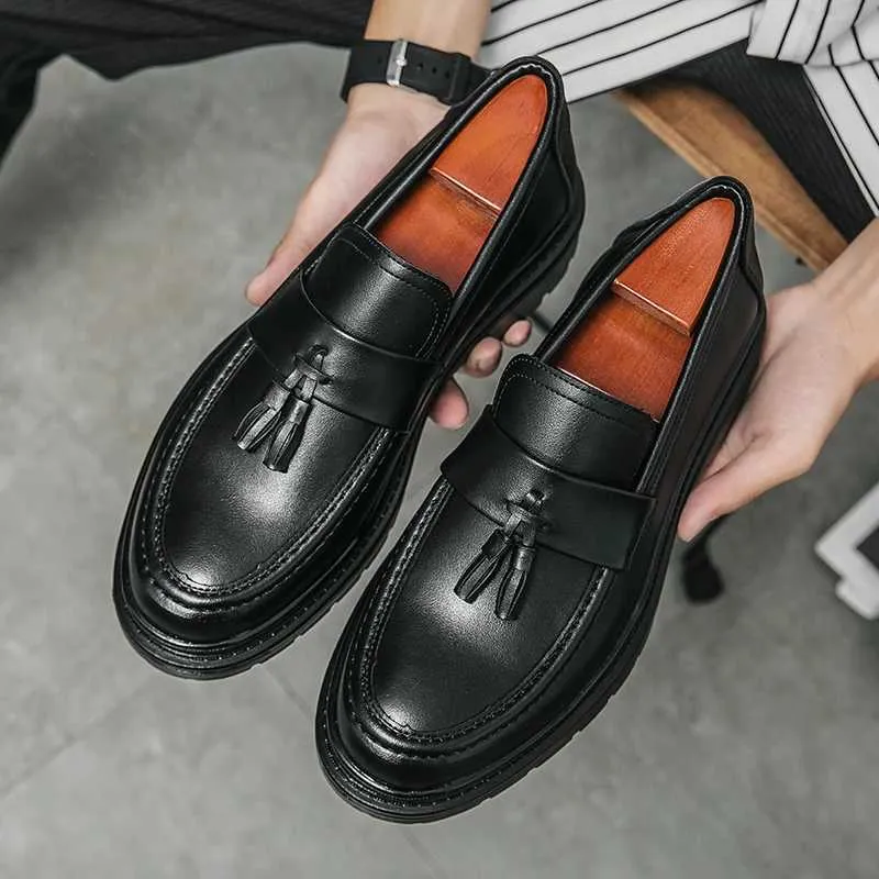 Men's Leather Tassel Loafers Casual Dress Shoes with Thick Sole Formal  Style