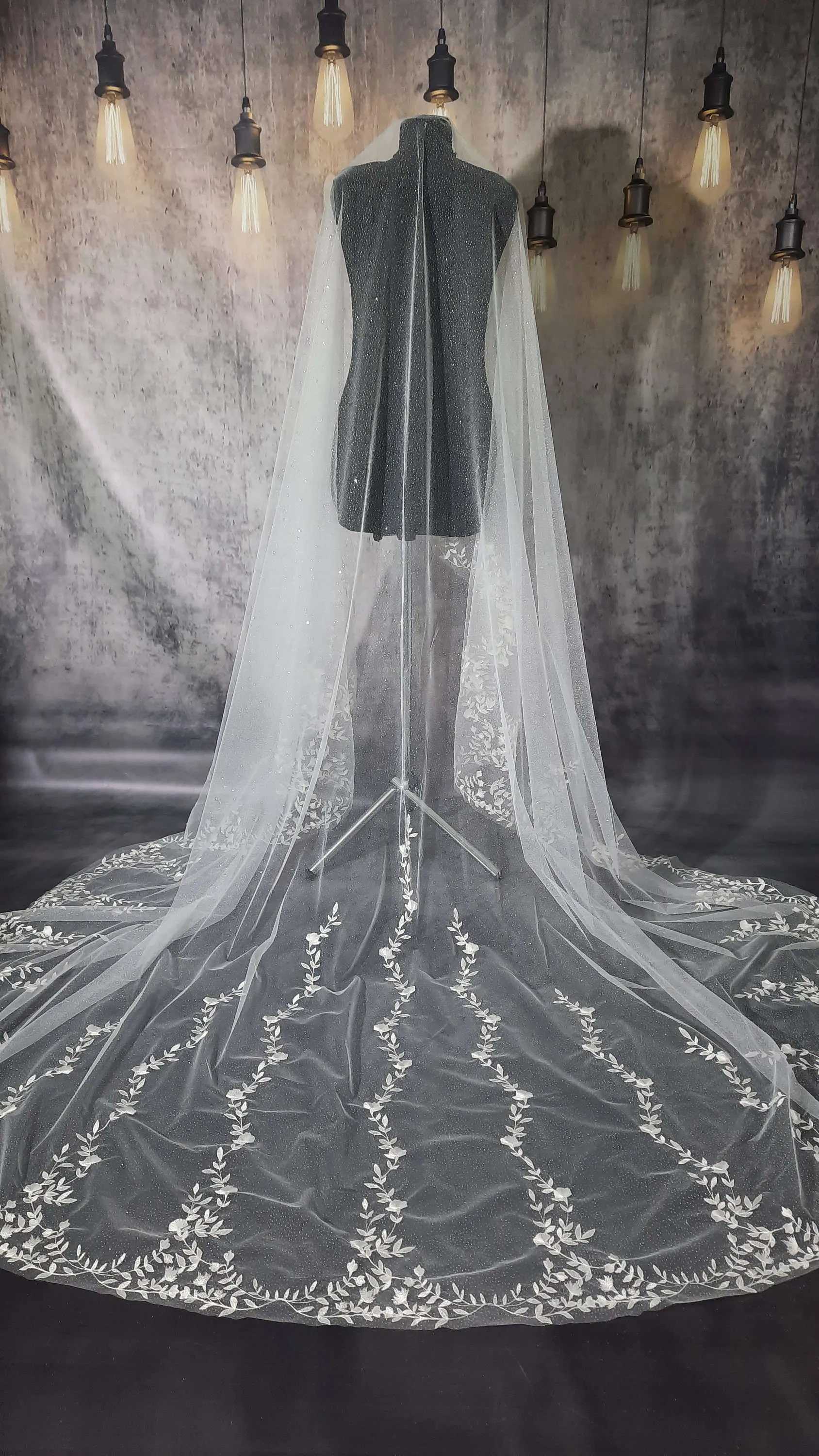 Elegant Lace Wedding Veil With Sparkling Appliqués, Long 