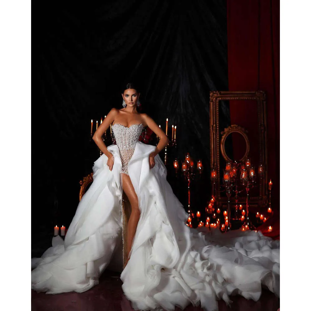 pearl beaded back wedding dress One Shoulder Long Sleeve Pearl Beaded Column Bridal Dress with Satin Overskirt - Alisse Bridal Off White / Lace main image 1