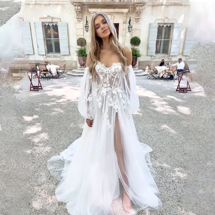 chinese dress ladies A Line Sweetheart Tulle Lace Appliqued Beach Wedding Dresses for Bride   Hebebridal