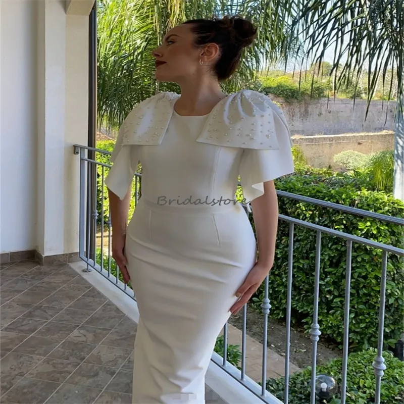 White Midi Cocktail Dress Sheath Knee-Length Satin with Pearls Bow Straps  and Short Sleeves from Dhgate Evening Dresses