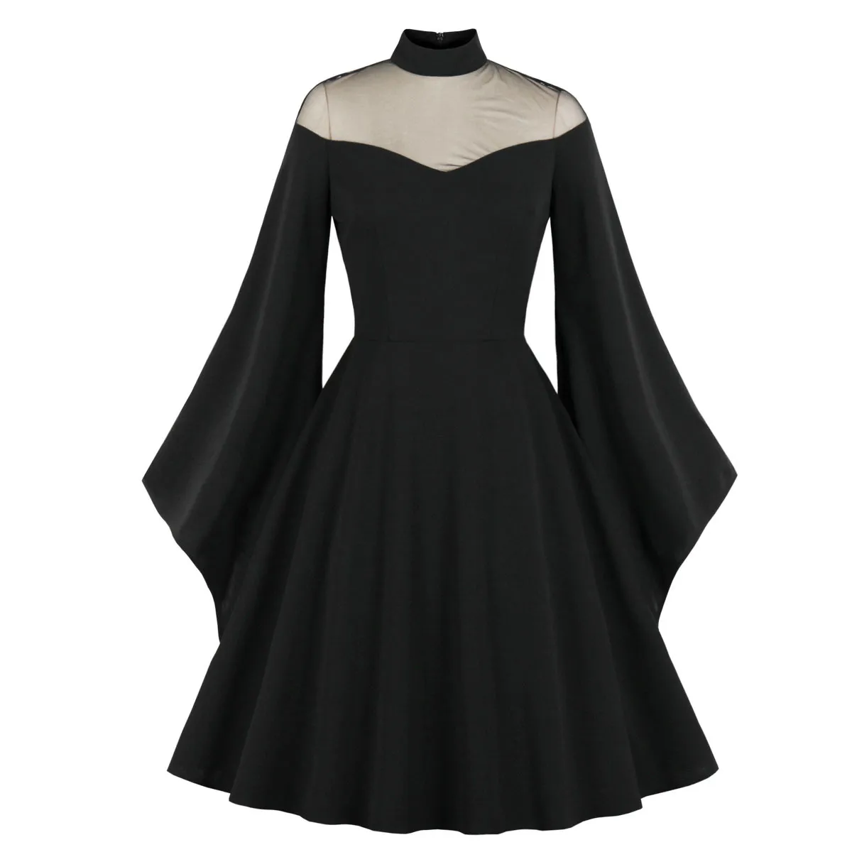black dresses for halloween Deep V-neck Black Lace Long Prom Dress 2021 Halloween Dress with Long Sleeves & Tulle Cape Custom Color / Custom Size main image 1