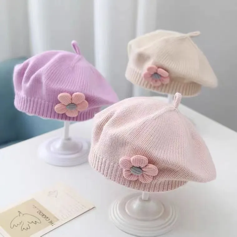 Beret Silk Baby Hats Cute Knitted Beret For Baby Girls Autumn