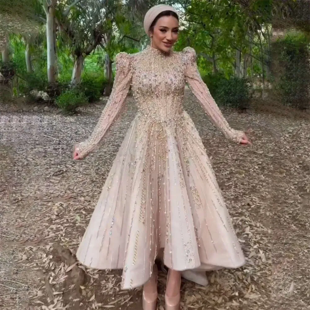 Elegant A-Line Pearl Beaded Ankle Length Evening Dress Nude Midi Gown,  Shop Now!