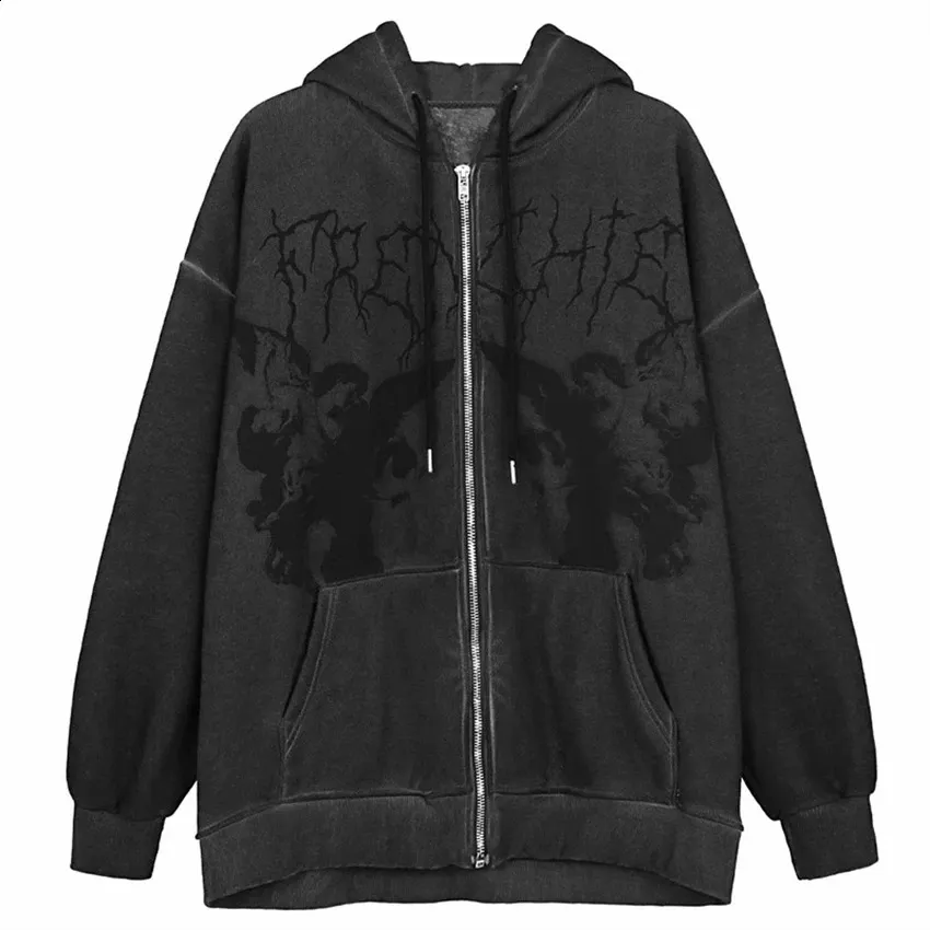 Women's Y2K Streetwear Hoodie - Angel Dark Print, Zip Up, Goth Harajuku Style Women's Y2K Streetwear Hoodie - Angel Dark Print, Zip Up, Goth Harajuku Style