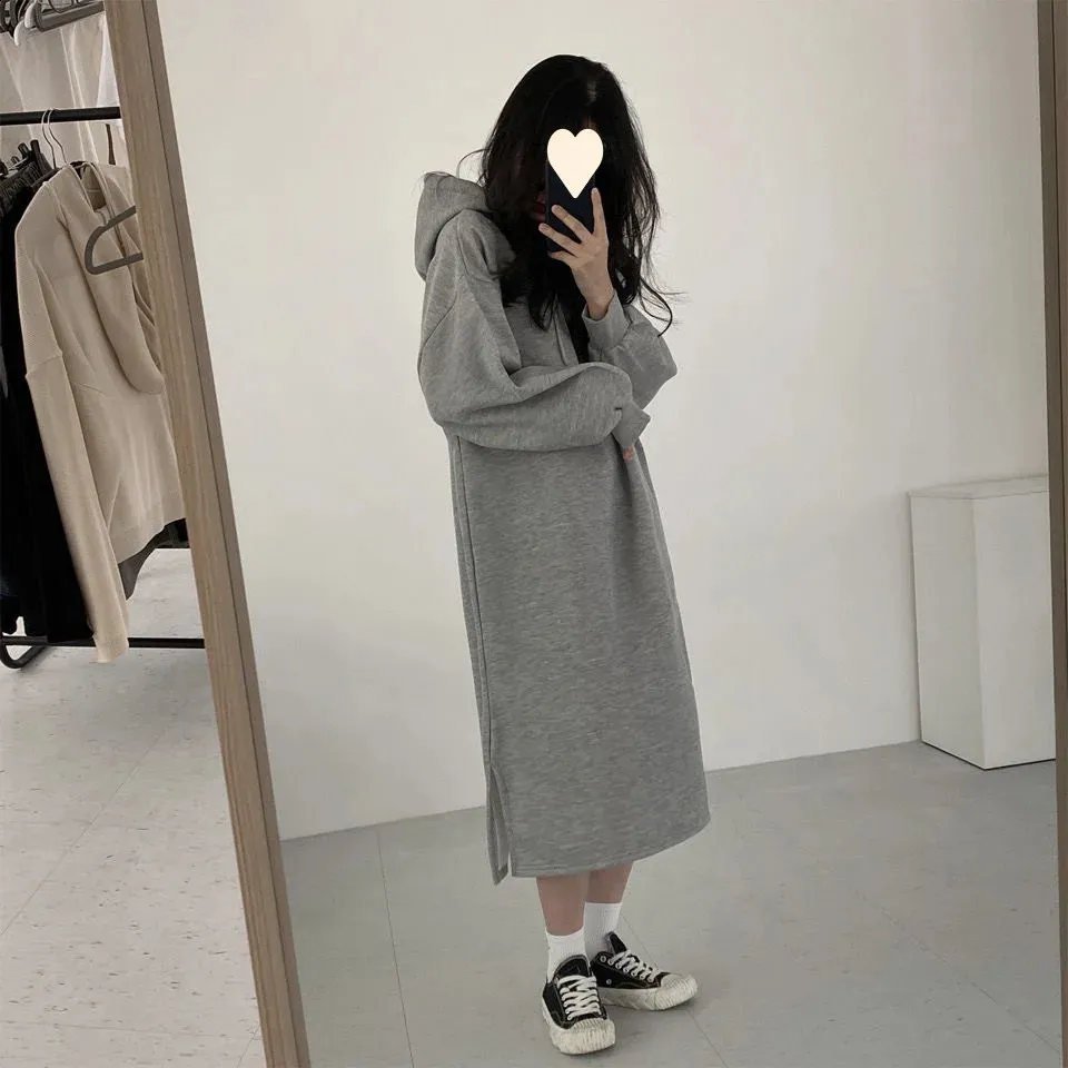 Korean Split Hoodies Grey Dress For Women Autumn Winter Simple