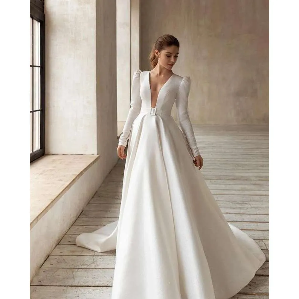 Classic Elegant Satin Wedding Dress with V-Neck and Long Juliet Sleeves for  Formal Chapel Party from Dhgate A-Line Wedding Dresses - price 345.73