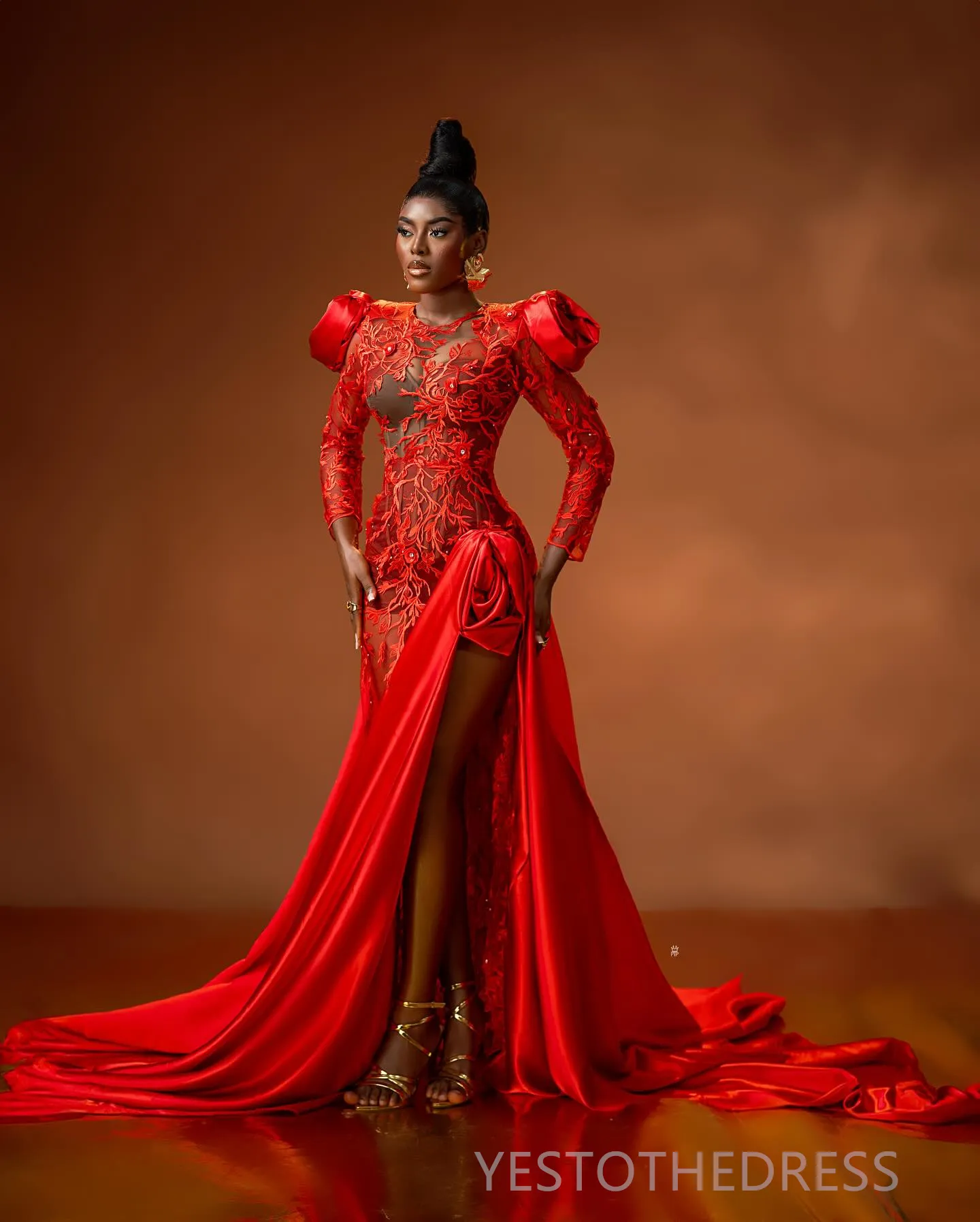 Red Mermaid Prom Dress: Long Sleeves, Rhinestone Accents