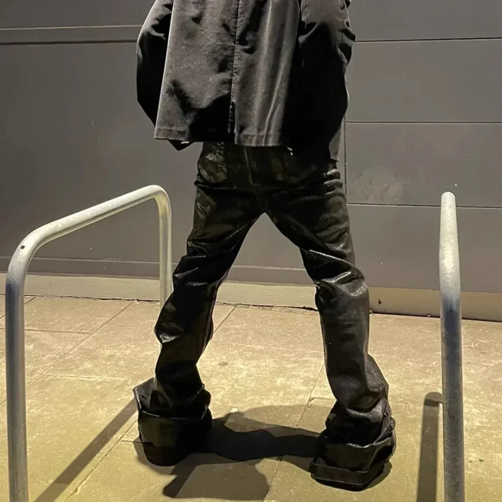 Mens Flared Pants Black Waxed Leather Stretch Jeans: Baggy Y2k