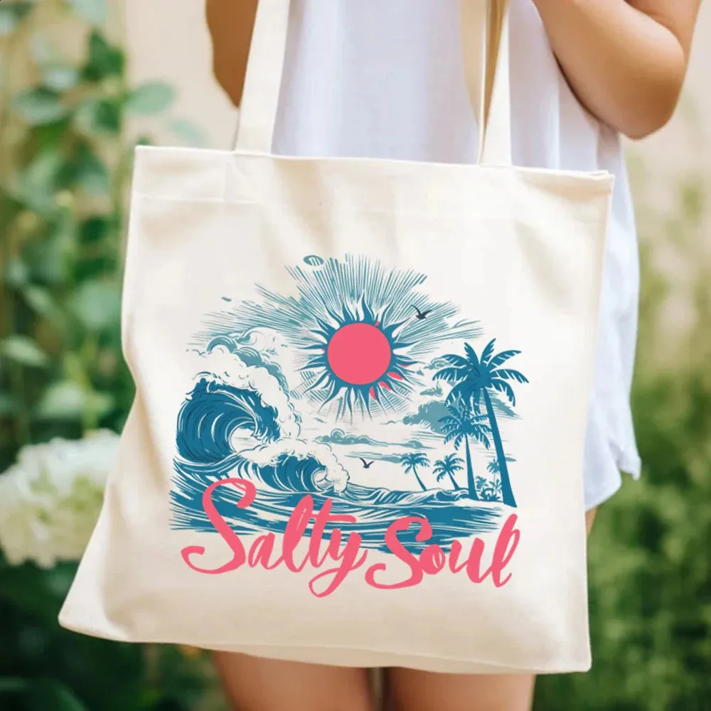 Trendy Beach Tote Bag: Summer Vibes, Salty Soul, Funny Sarcastic Print  Canvas Shoulder Bag Perfect for Vacation!