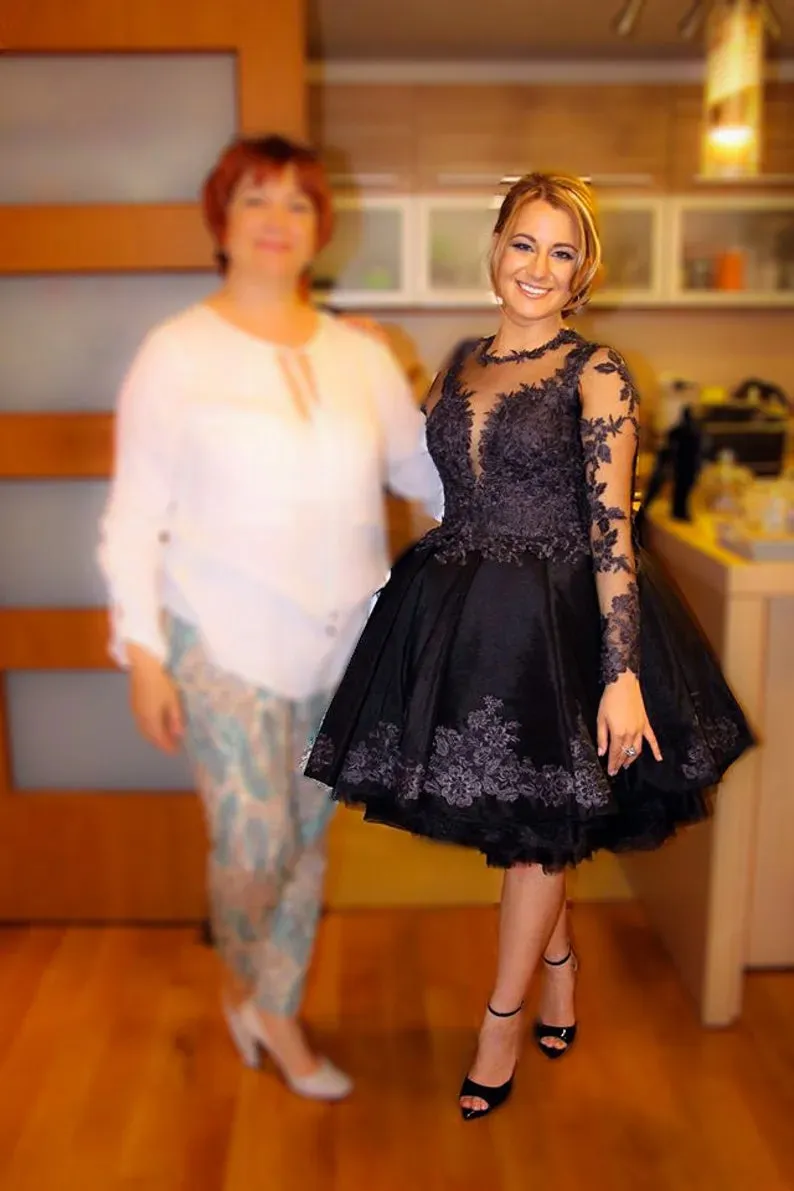Black Lace Applique Knee-Length petite Black evening gowns with Long Sleeves - Perfect for Prom, Homecoming, Cocktail Parties, and Special Occasions