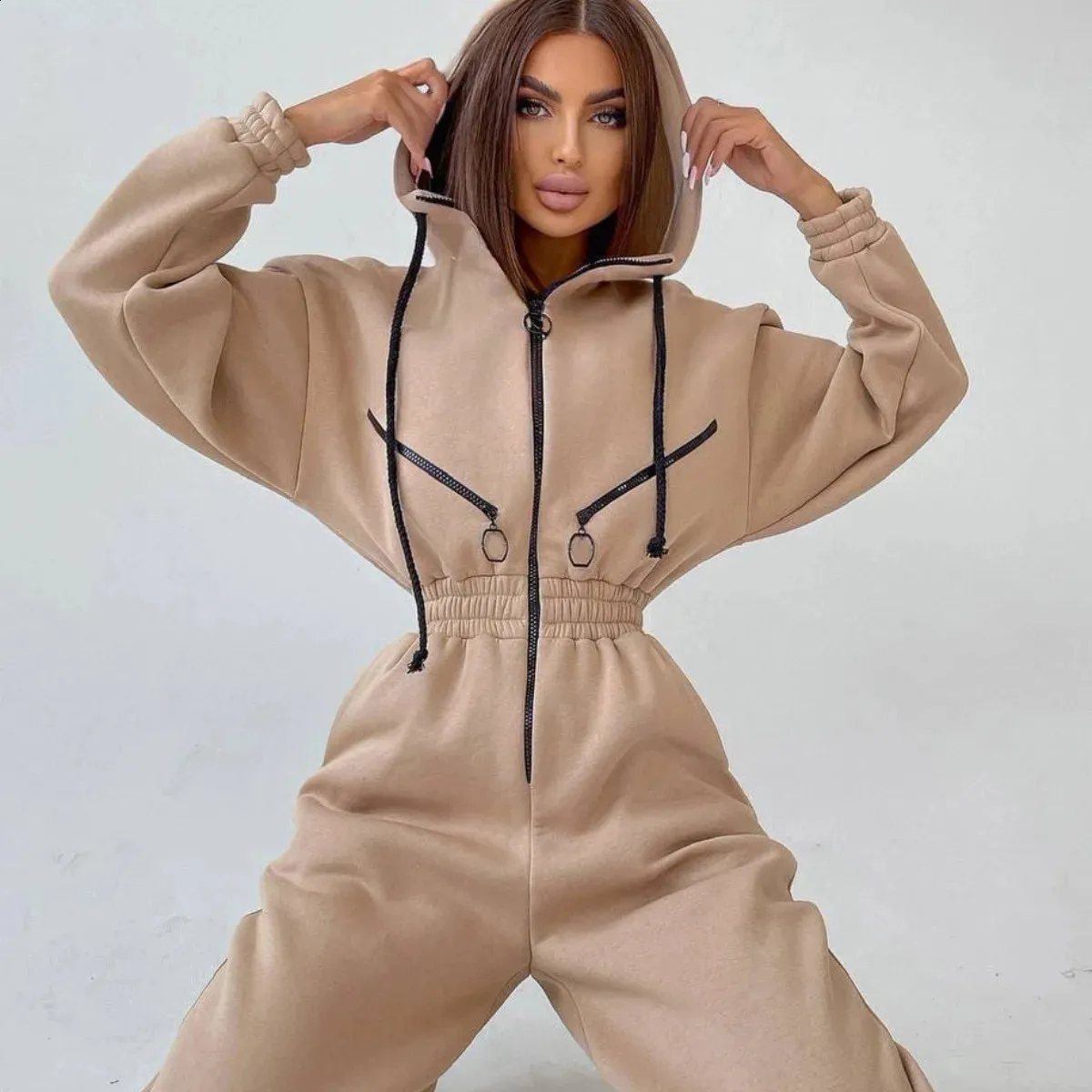 Warm Fleece Sport Jumpsuit for Women Long Sleeve Zipper Overalls
