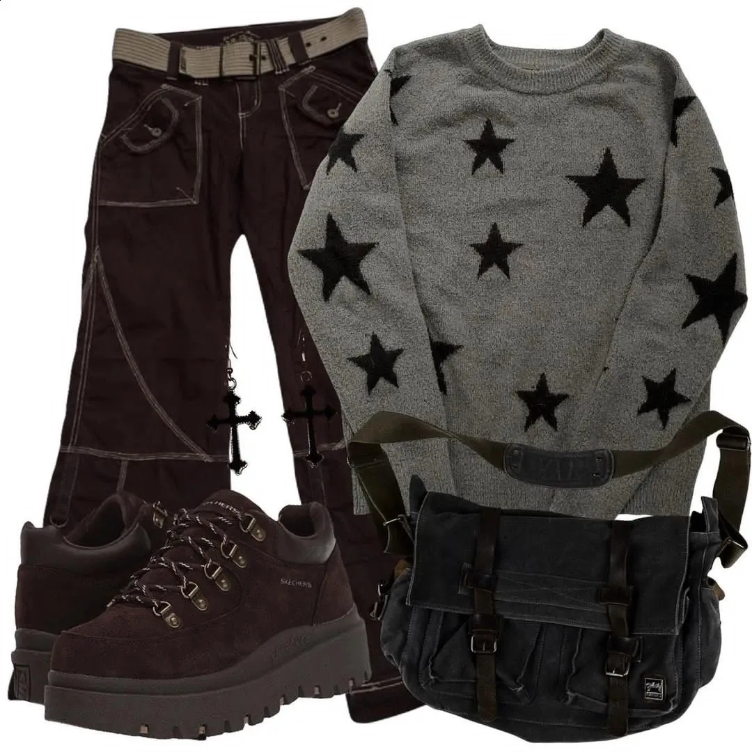 Y2k Clothes Men Oversized Star Sweater Black Loose From