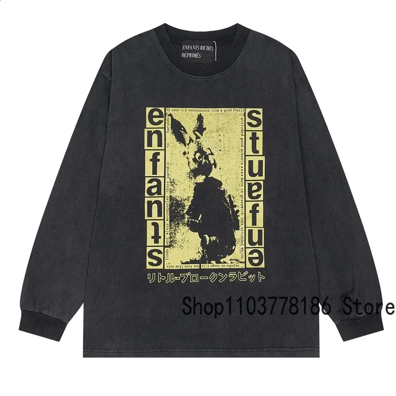 Loose Printed Long Sleeve Round Neck T-Shirt in Cotton for Men and
