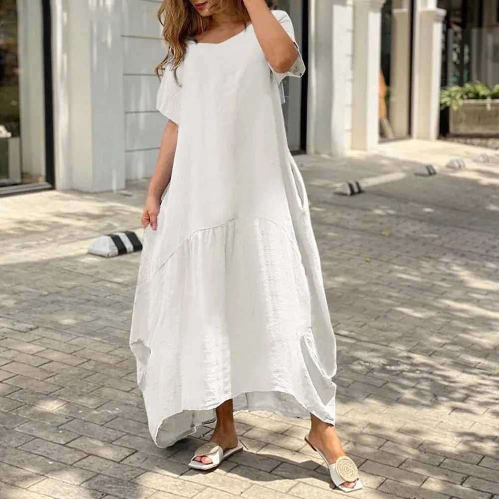 Plus Size Cotton Linen O Neck Short Sleeve dress for Women - Casual Spring/Summer Floor-Length Clothes (240724)