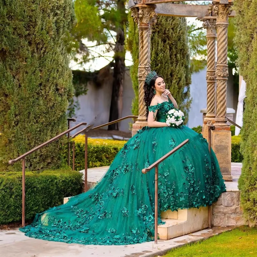 2025 Emerald Green Off-Shoulder Quinceanera Ball Gown with Green beaded necklace 3D Princess Dress - Vestidos de Festa