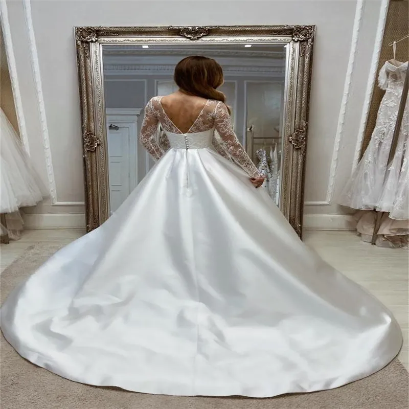 Boho Lace Wedding Dress with Slit - Gatsby 2024 A-Line Beach Bridal Gown with Slit Back and Sweep Train