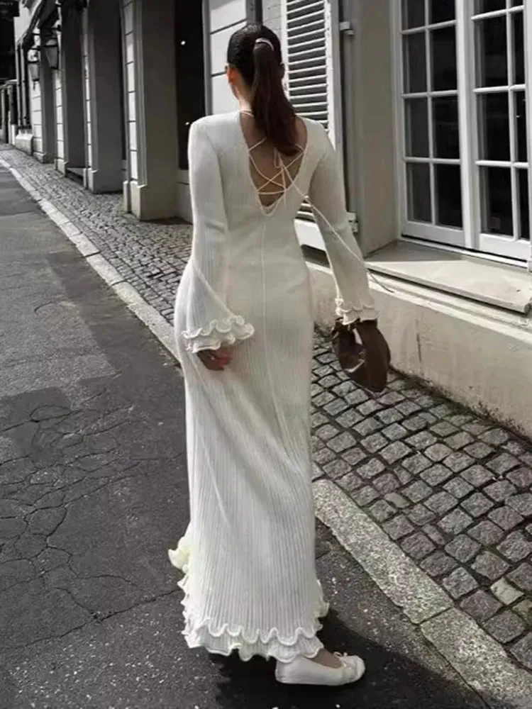 Elegant White Lace-Up Silk Maxi Dress for Women