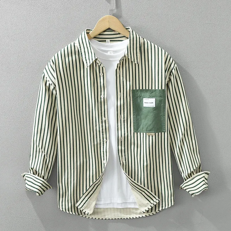 Striped Casual Cotton Shirt for Men, Long Sleeve Loose Fit Button