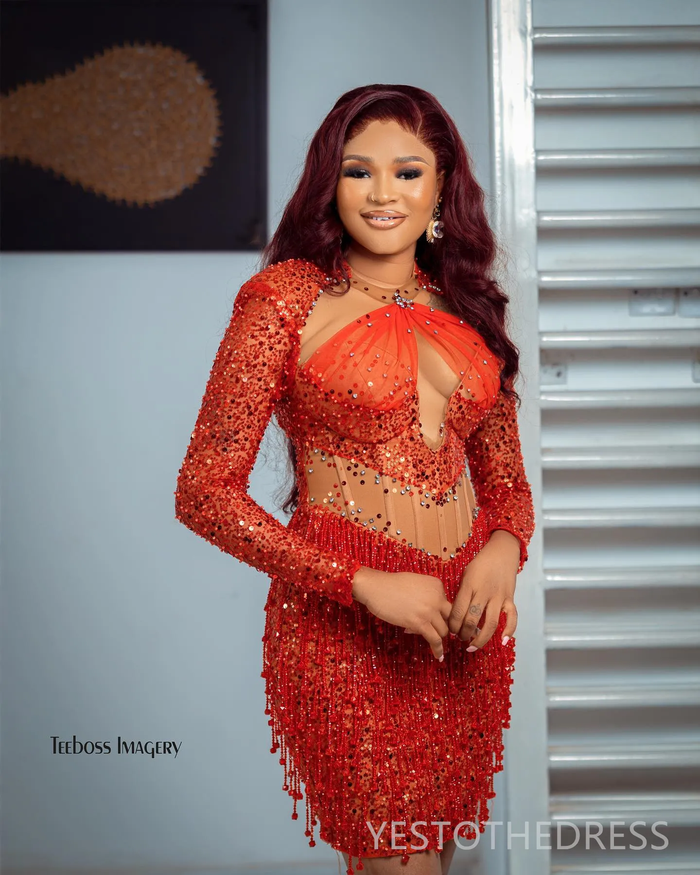 Plus Size Red Cocktail Dress Long Sleeve Mini Prom Dress with Sequined Lace  Tassel from Dhgate Cocktail Dresses - price 194.04
