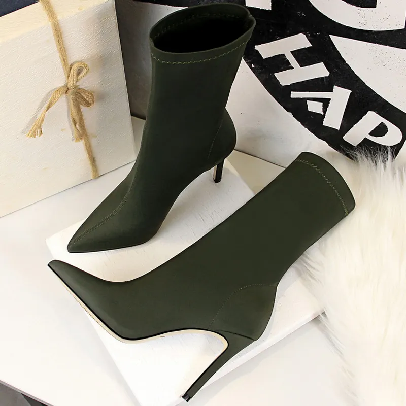 Fashion Ankle Boots: Pointed Toe Stiletto High Heels, Stretch Sock