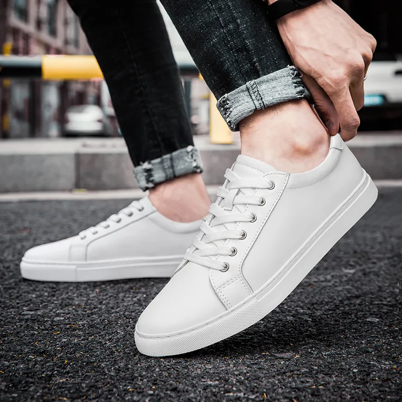 Dress Sneaker Korea Style Men's White Leather Sneakers Korean Fashion  Casual Shoes For School Skateboarding