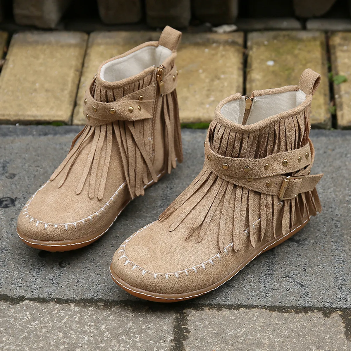 Style Bohemian Tassels Ankle Women Retro Faux Suede Buckle Strap