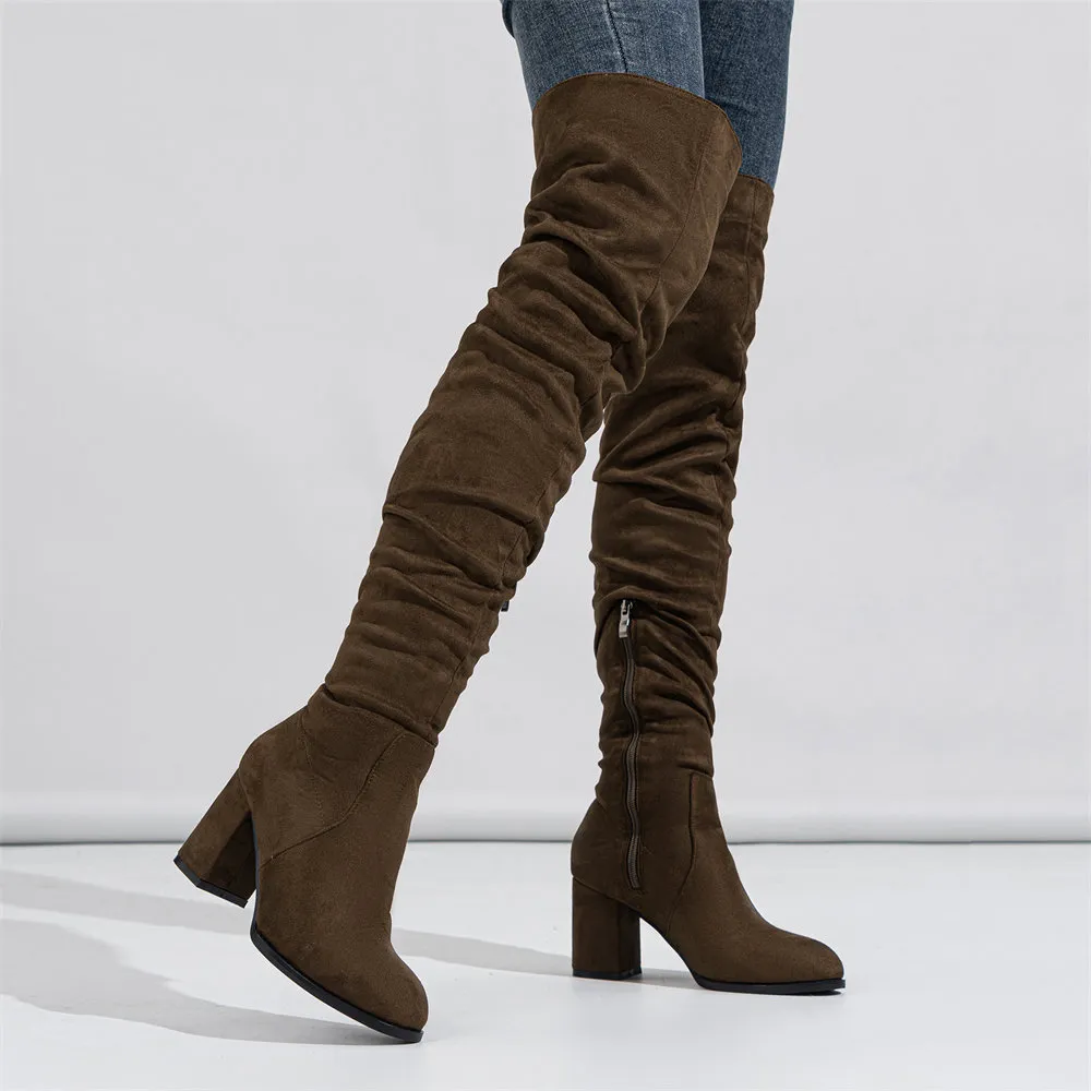Womens Comfy Walk Thigh High Boots Plus Size Block Heel Over The