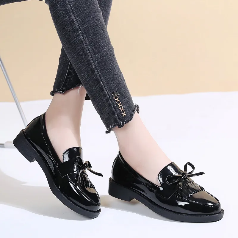Bulk Black Patent Leather Loafers For Women Platform Slip On Shoes