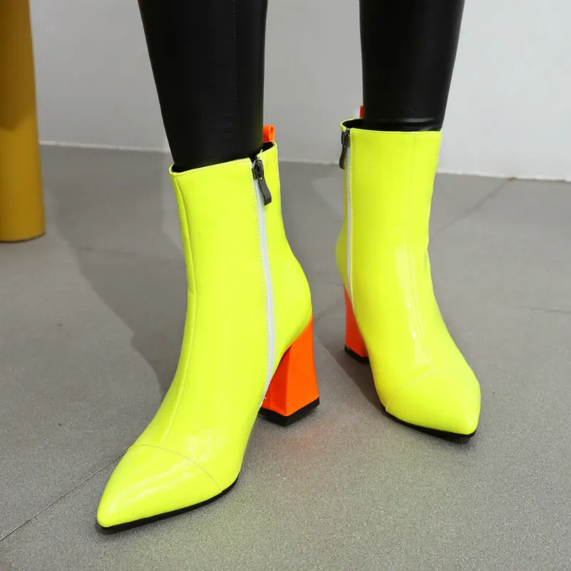 Open Toe Yellow Neon Green Heel Boots Laigzem Women Ankle Boots