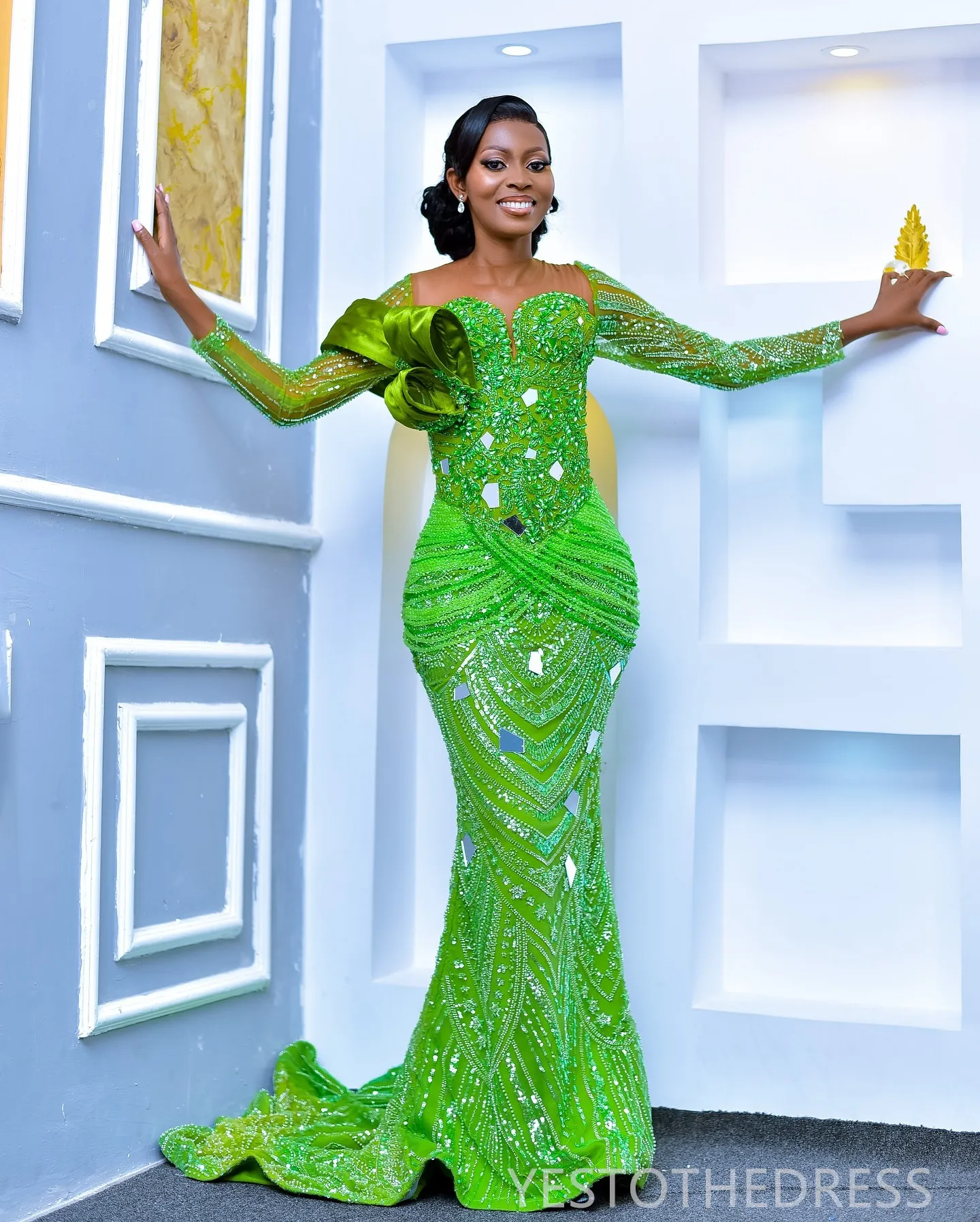 Luxurious Mint Mermaid Green Sparkly Prom Dress With Illusion Long Sleeves Beaded Lace Mirror Sequins And Tassel Elegant Evening Gown For 4th Birthday AM1417 From Yestothedress 333.2 DHgate.Com