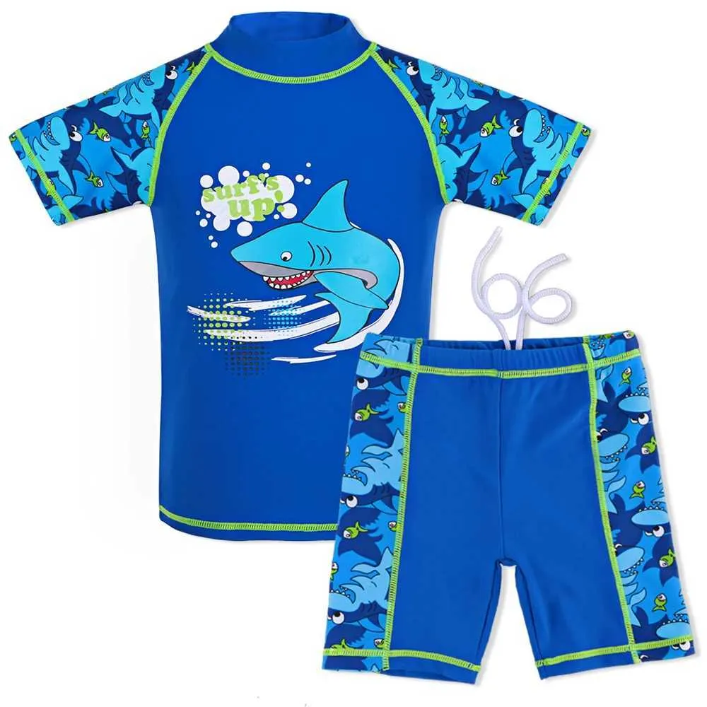 Kinder Badeanzug 2-teilig Mit UV-Schutz – Shark Design, UPF 50, Rash Vest & Schwimm-Shorts Für Jungen