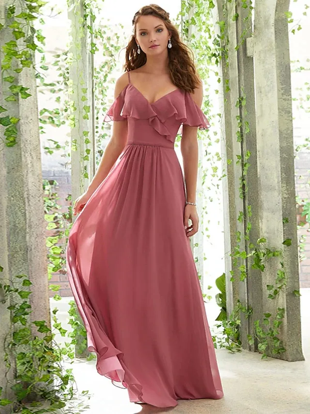 Long A-Line Bridesmaid Dress with Ruffles Spaghetti Straps Chiffon  Floor-Length Sweep Train Backless CL3438 from Dhgate Bridesmaid Dress -  price 86.84