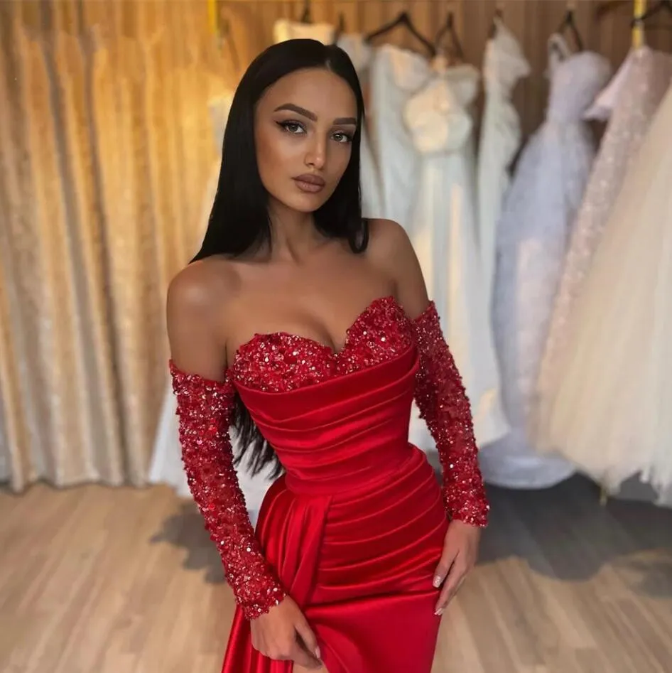 Red Satin Off-Shoulder Evening Dress with Long Sleeves and High Slit Pleated Sheath Formal Party Gown from Dhgate Evening Dresses - price 206.86 Red Satin Off-Shoulder Evening Dress with Long Sleeves and High Slit Pleated Sheath Formal Party Gown from Dhgate Evening Dresses - price 206.86
