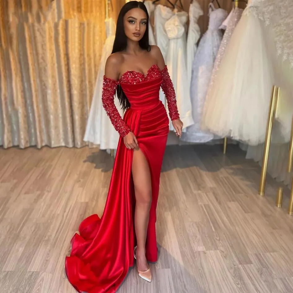 open lace back dress Red Sequined V-neck Long Sleeve Crafted Satin Slit Prom Dress main image 1