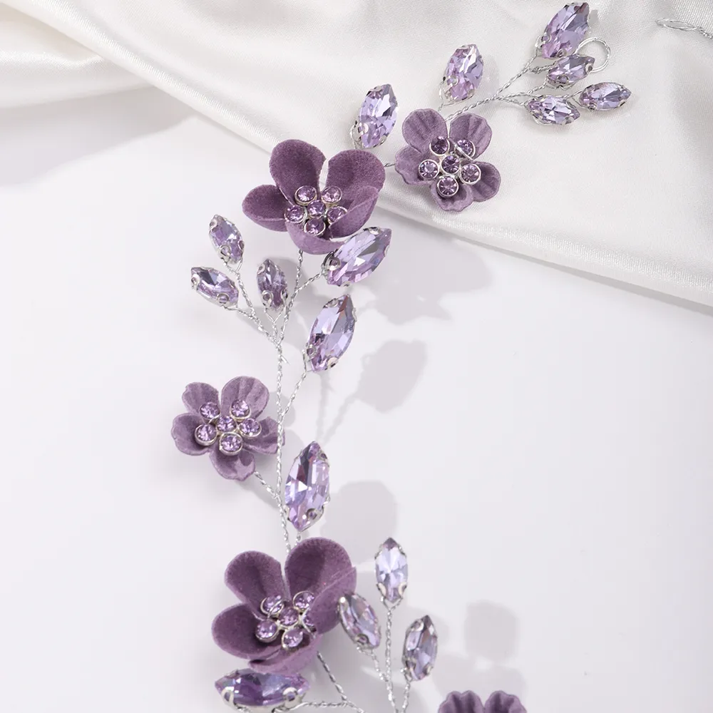 Rhinestone Purple Flower Bridal Headband, Handmade Wedding Hair
