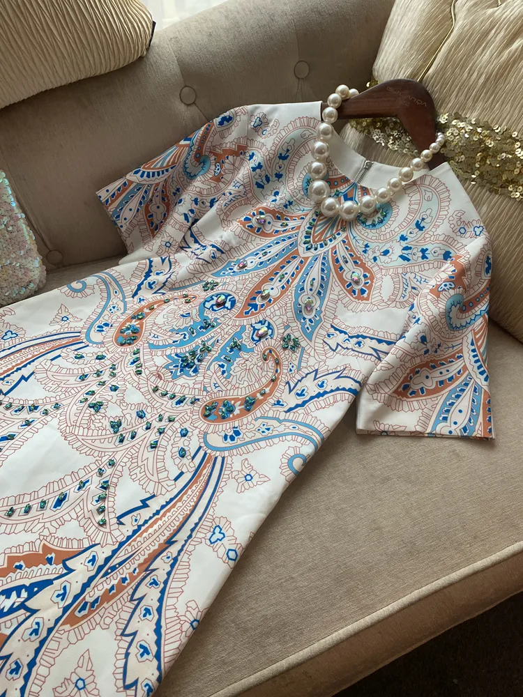 Pastel Color Short Dresses, Paisley Print Mini Dress With Beaded Detail,  Retro Rhinestone Round Neck Short Sleeve Casual Dress From Risabeira,  $72.15 In Bulk