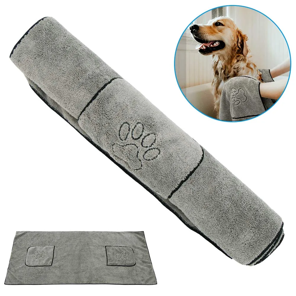 Lot De 2 Serviettes Microfibre Ultra-absorbantes Pour Chiens Et Chats - Séchage Rapide, Poches Pratiques, Lavable En Machine