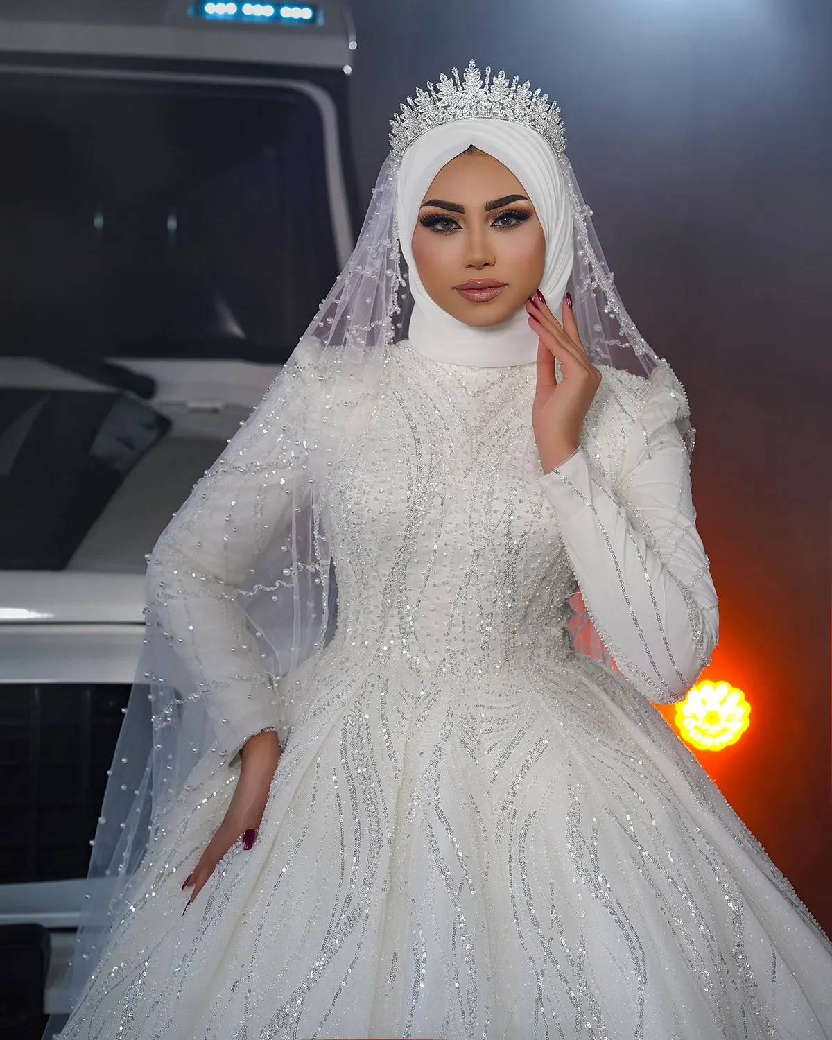 Rehearsal Dinner Sequin Needle And Thread Dress White Custom-Made Sequin  High Neck Wedding Islamic Evening
