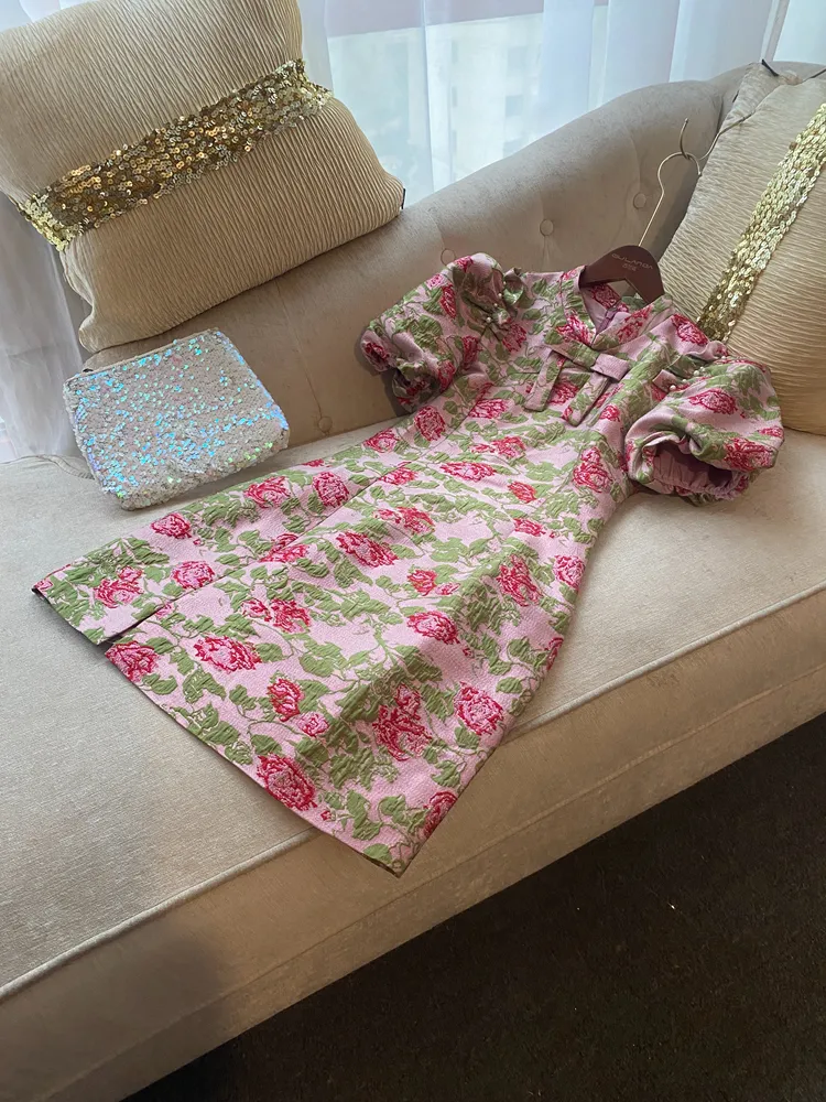 Save Big on Bulk Pink Floral Jacquard Dress Pink Midi Summer Dress: Floral  Jacquard Panelled Midi Dress With Buttons Short Sleeve Casual Round Neck |  ...