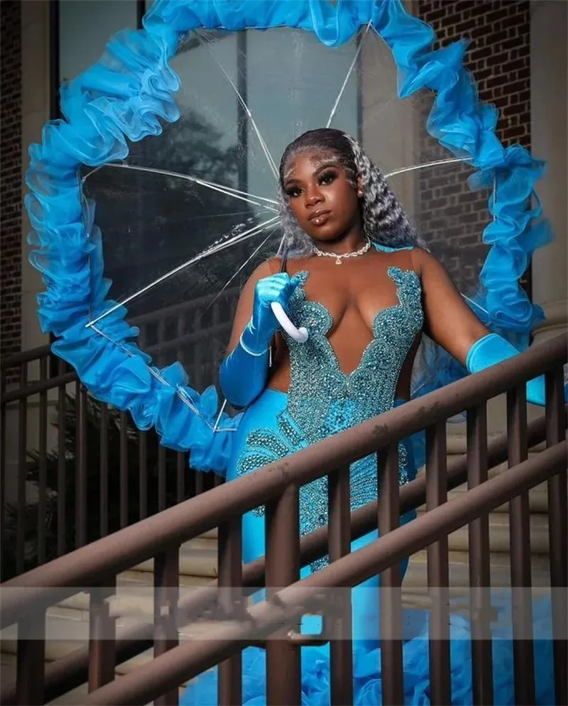 Blue Diamond Blue mermaid prom dress for Black Girls with Long Beaded Crystals and Tiered Ruffles - Perfect for Birthday Parties and Receptions (Style Blue Diamond Blue mermaid prom dress for Black Girls with Long Beaded Crystals and Tiered Ruffles - Perfect for Birthday Parties and Receptions (Style
