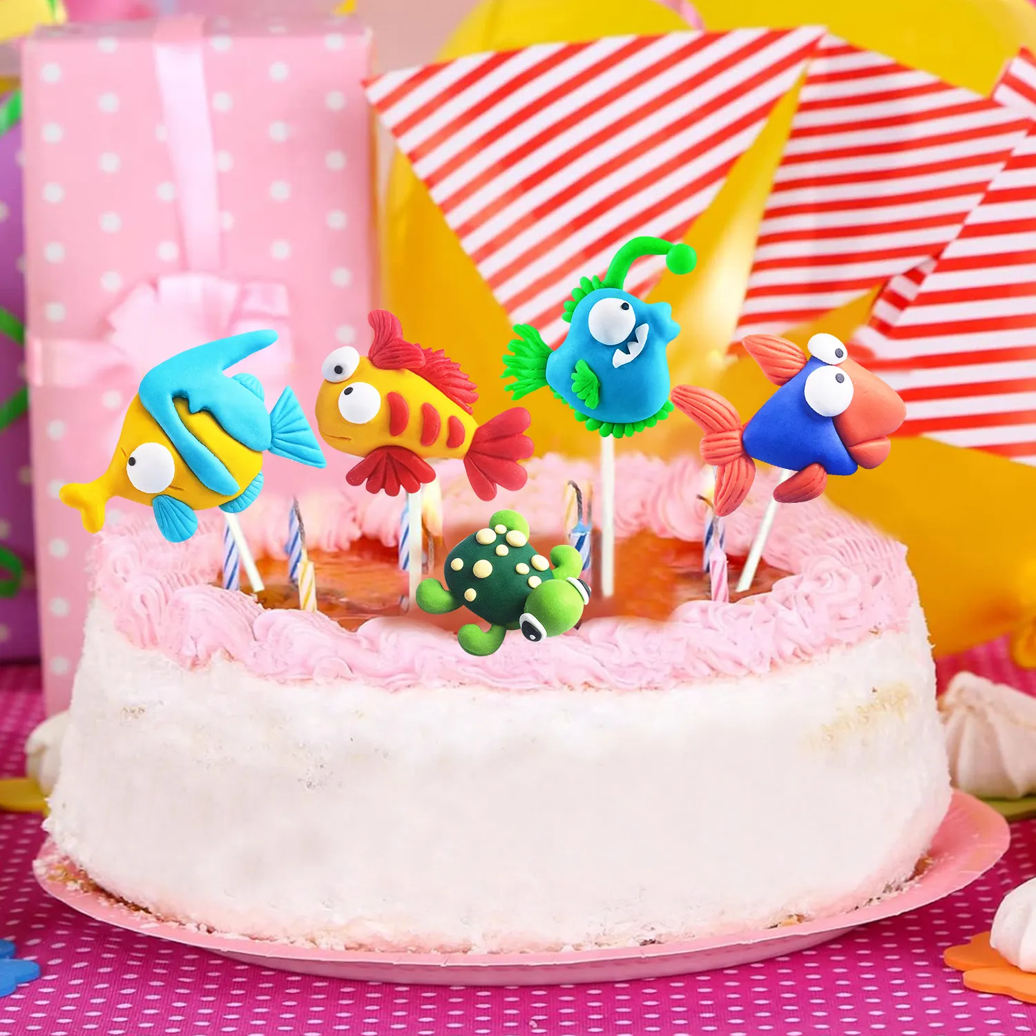 Unterwasserwelt Cake Topper Set – 14-teilig, 3D Meerestiere Aus Keramik & Papier, Für Geburtstag & Baby Shower