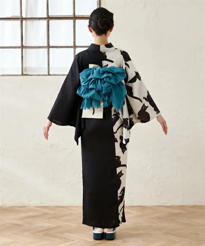 YUKATA Japanese Women's Traditional Kimono with Small Patterned Cats Print, Double Hang Lining, and Cos clothing