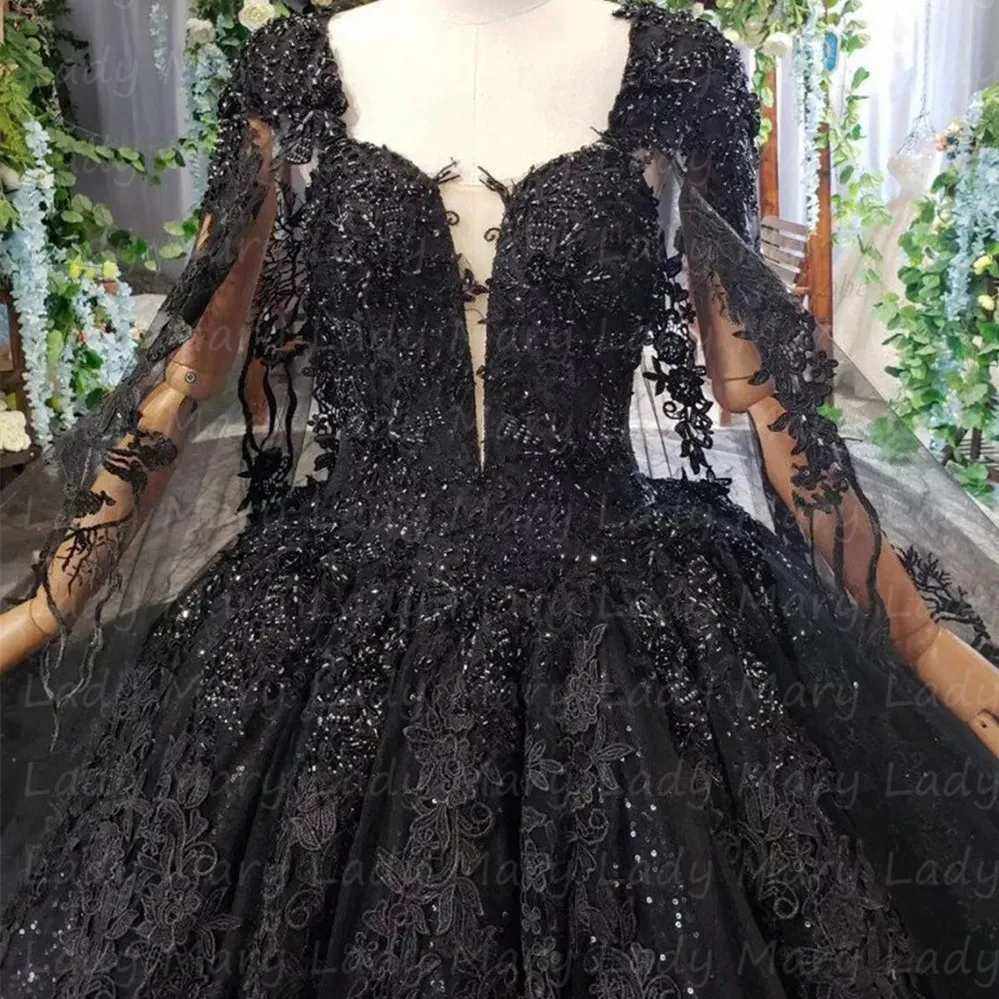 tulle lace dress with sleeves Tulle A-line V-neck Long Sleeve Lace Wedding Dresses with Train Prom  Dress,MW483 main image 1